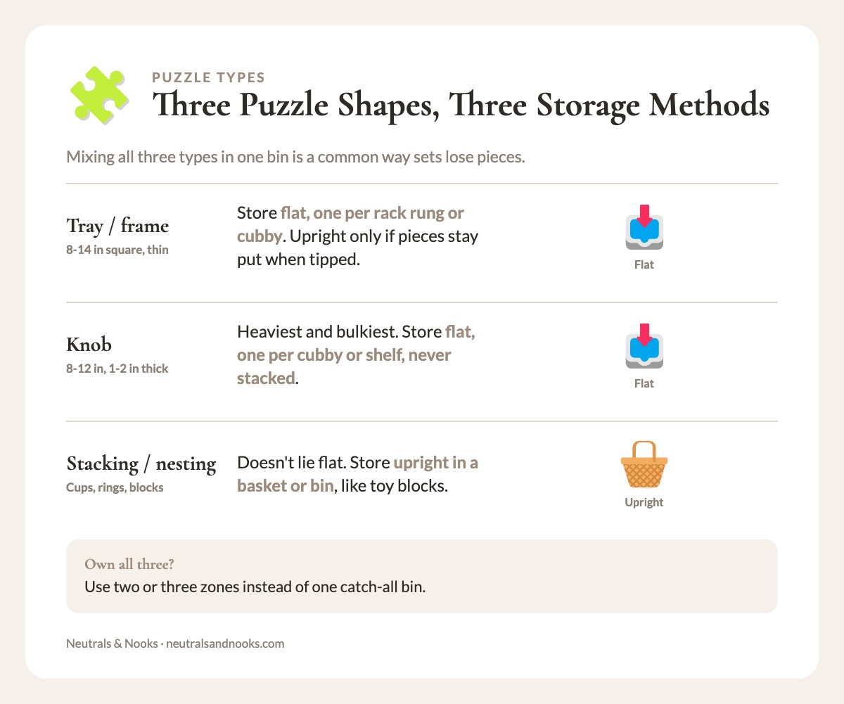 Info card comparing tray, knob and stacking wooden puzzles and the best storage for each