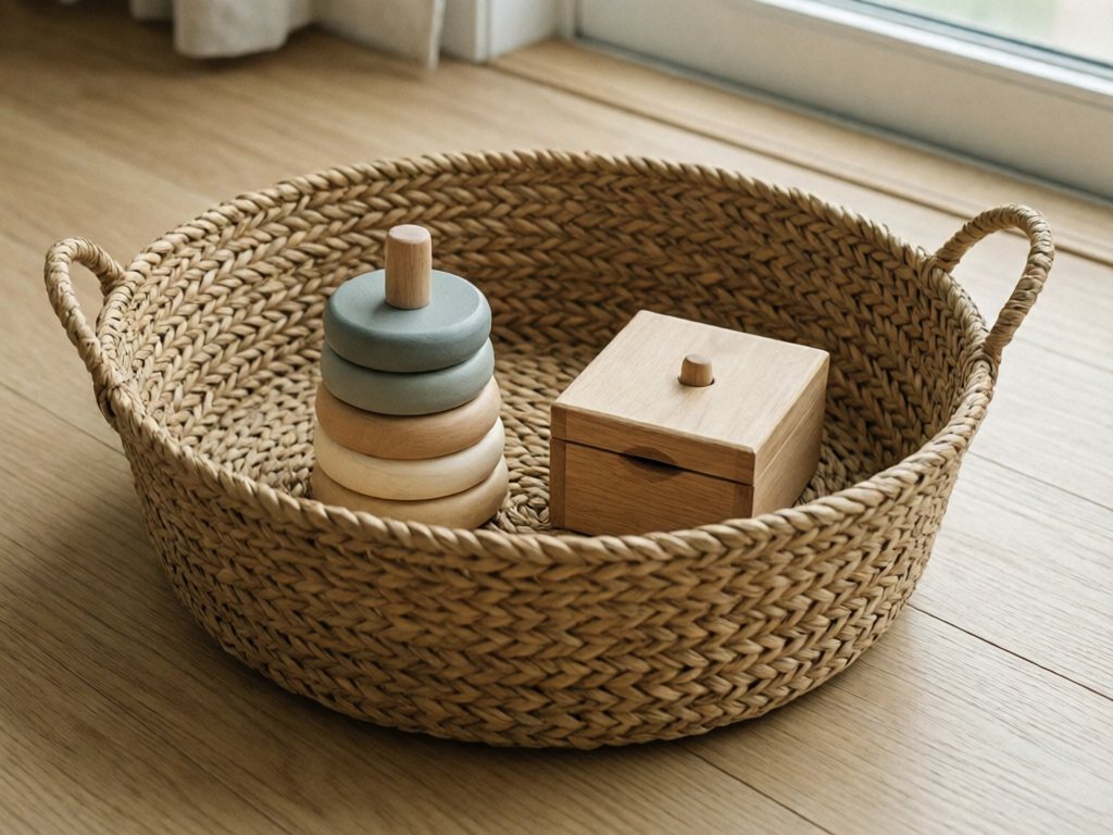 Woven basket holding a wooden stacking ring toy and a small lidded wooden box on a light wood floor