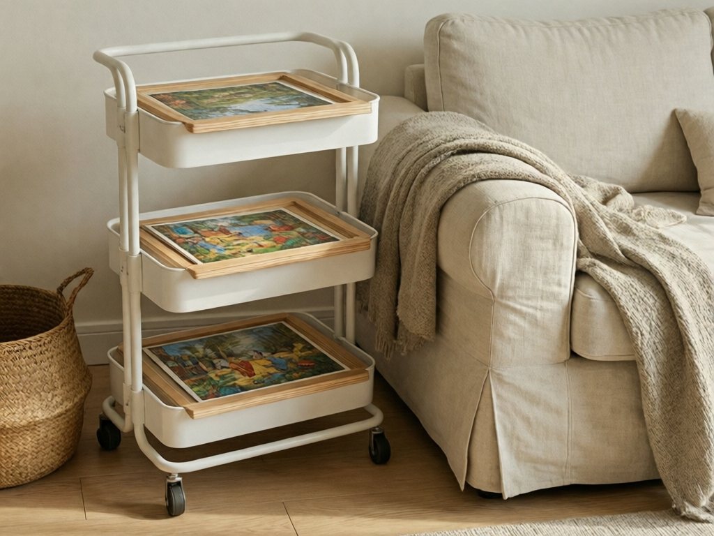 Slim white rolling cart with three shelves, each holding one flat wooden puzzle, beside a cream linen sofa
